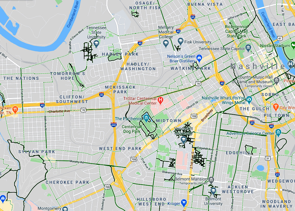 Close up of bike routes in Nashville, Tennessee