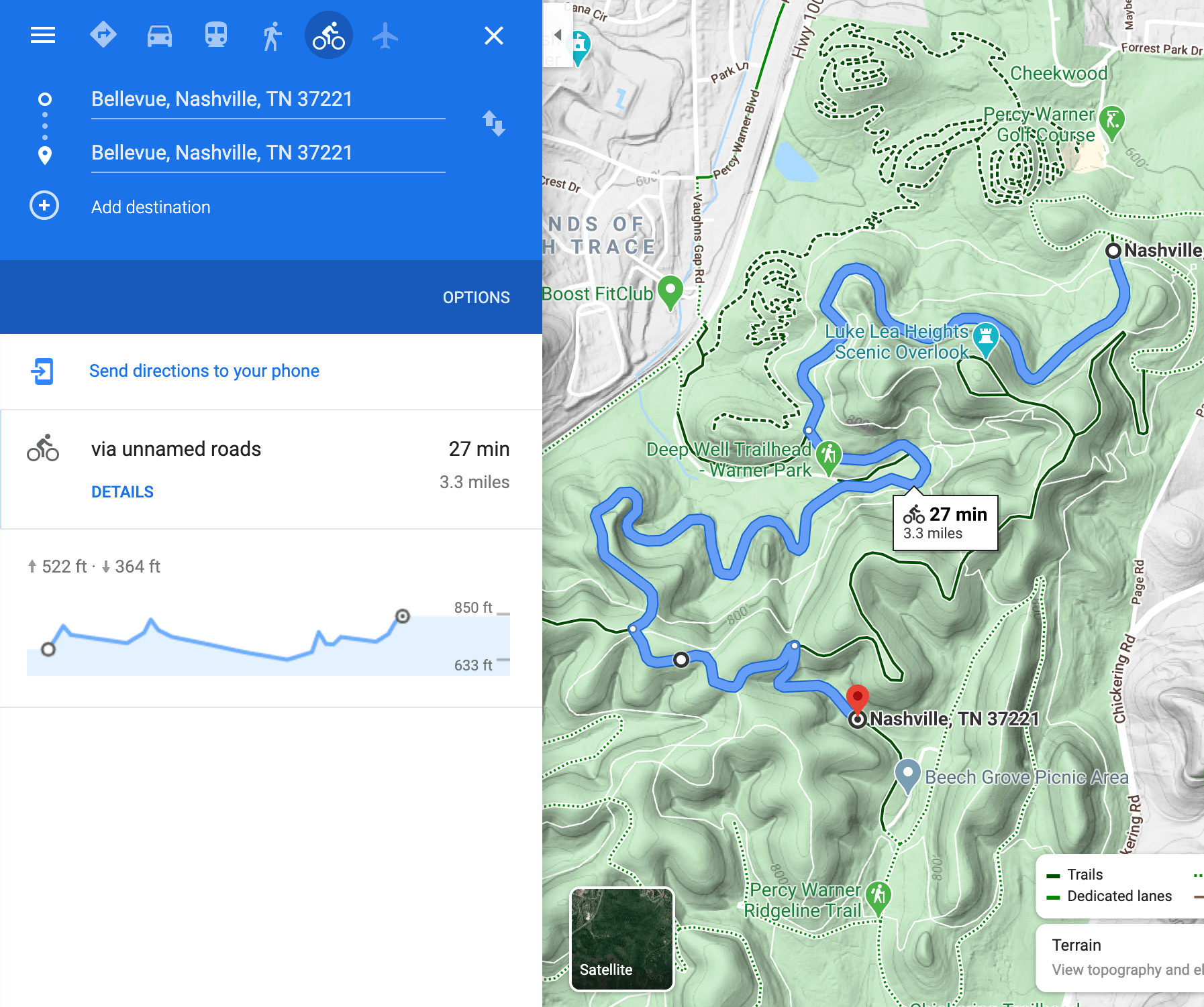 Bike Paths along roads on google maps screenshot