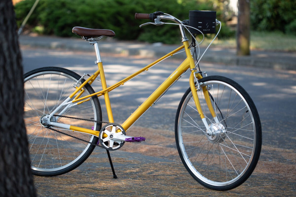 Swytch bike conversion kit on a brilliant carmen bicycle emphasizing affordability and customization