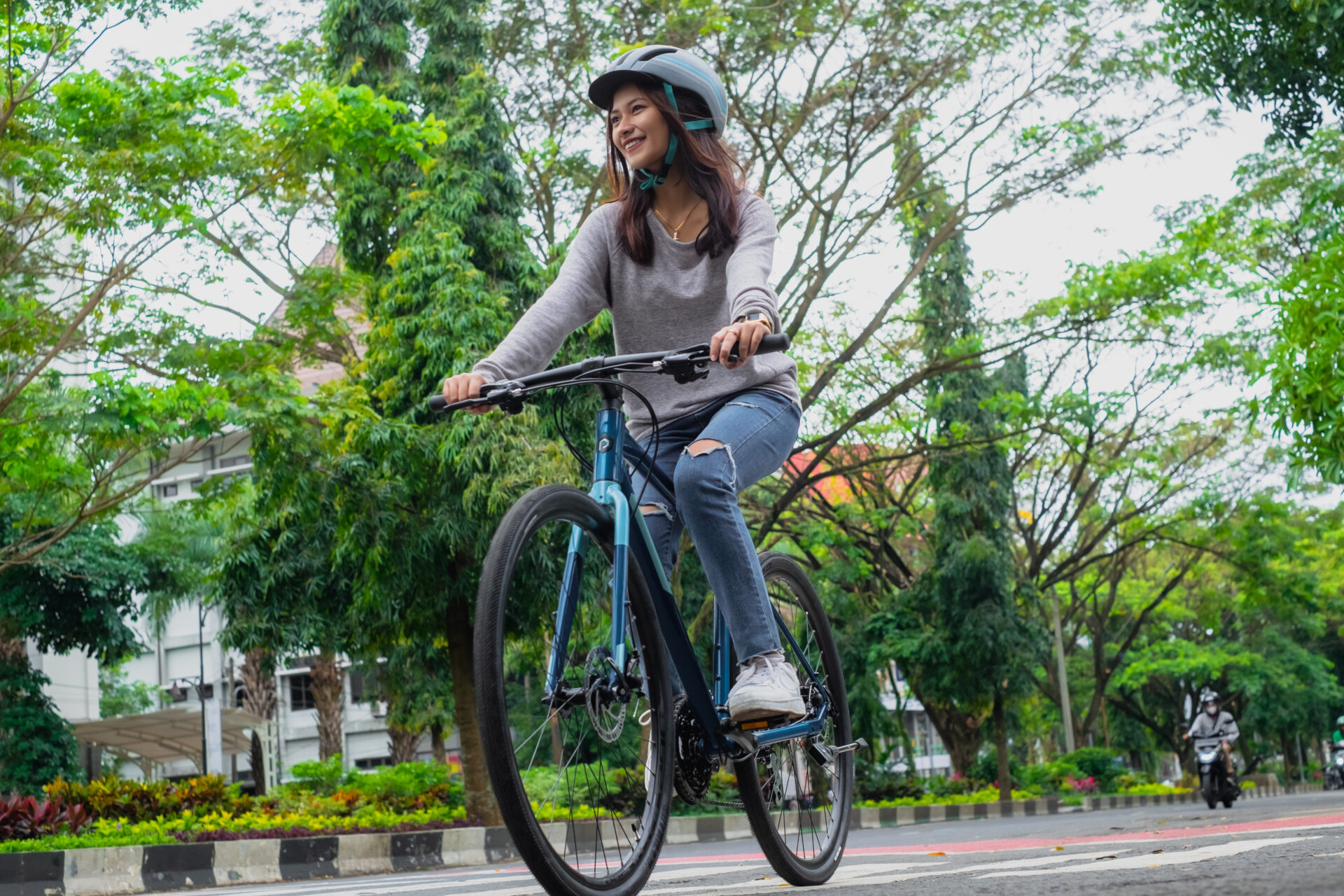 cyclist riding in a city