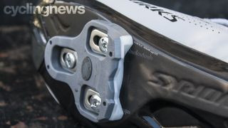 The sole of a Specialized S-Works Ares road shoe with Look Keo Cleat fitted