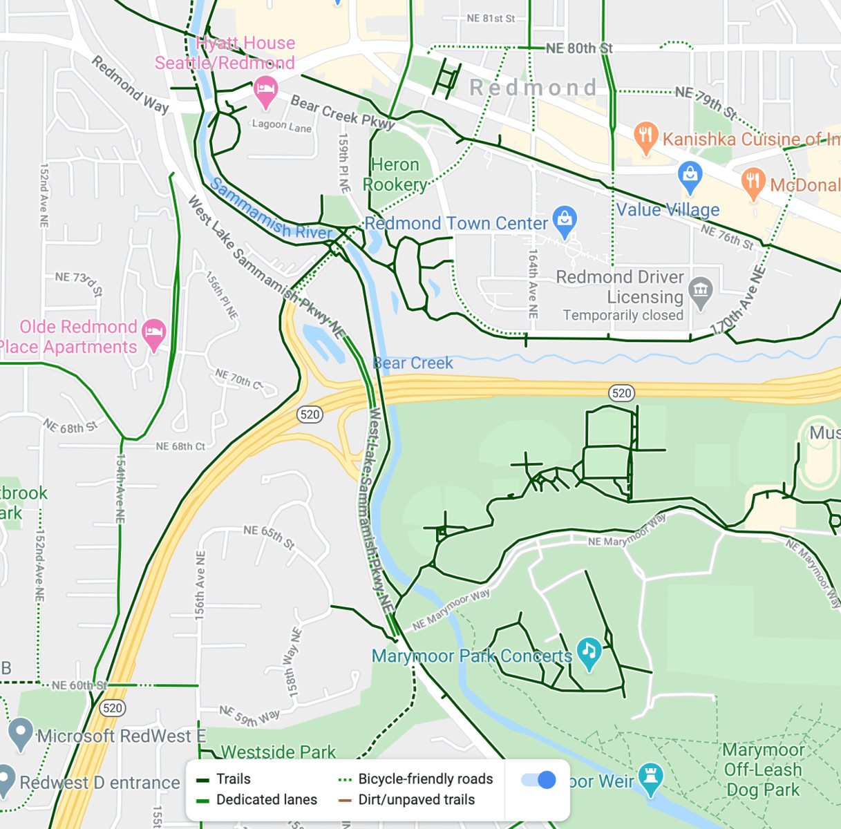 Bike paths along rivers, roads, highways, and parks