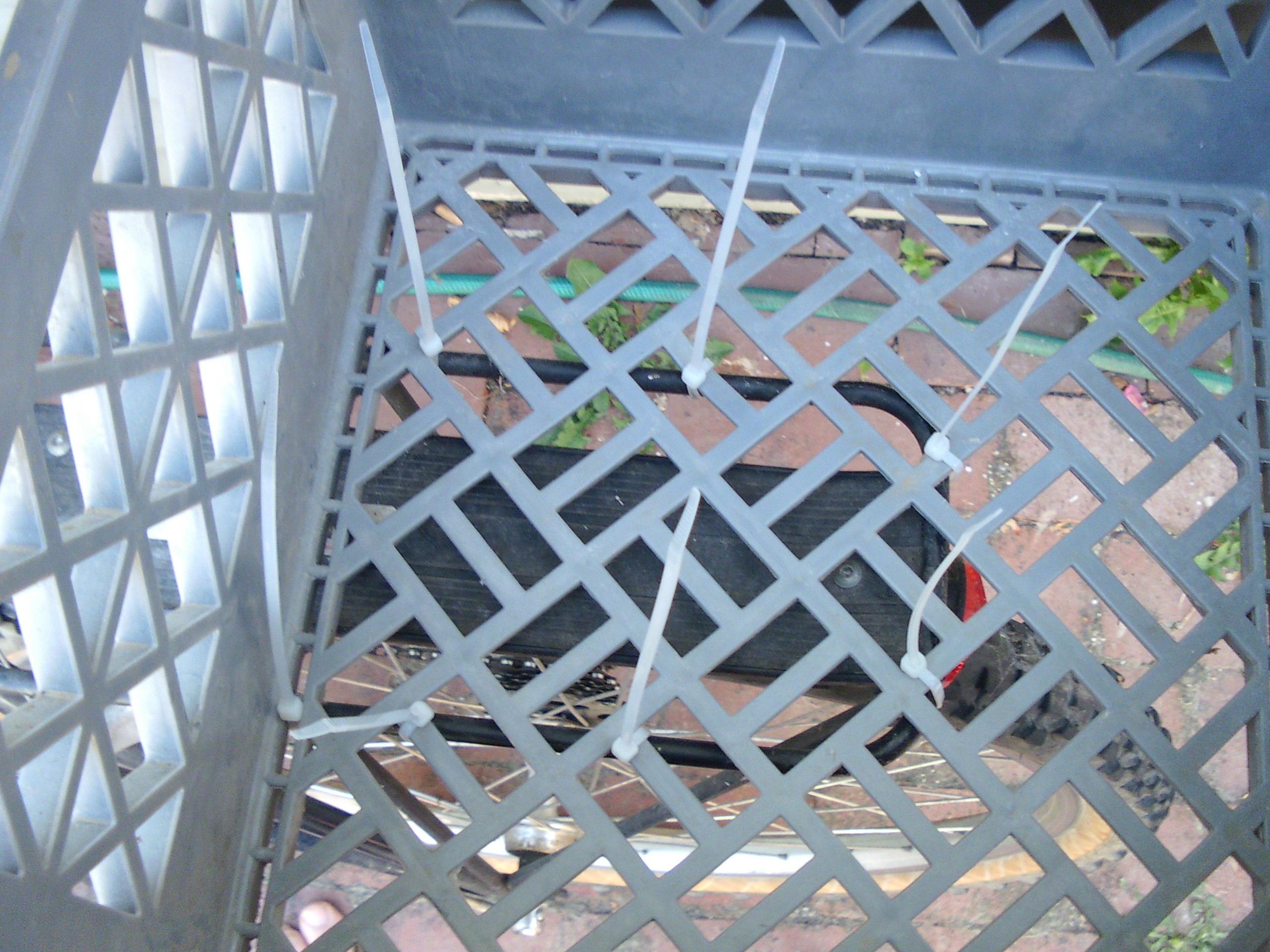 Milk Crate Secured to Bike Rack with Zip Ties