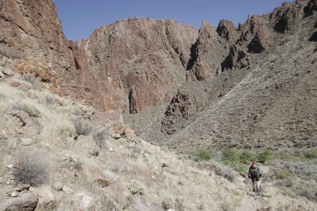 Mountain biker skillfully navigating a rocky trail, demonstrating balance and control