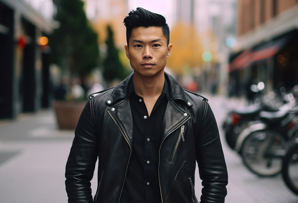 Man in brown leather jacket with jeans and stylish boots, blending ruggedness with modern fashion.